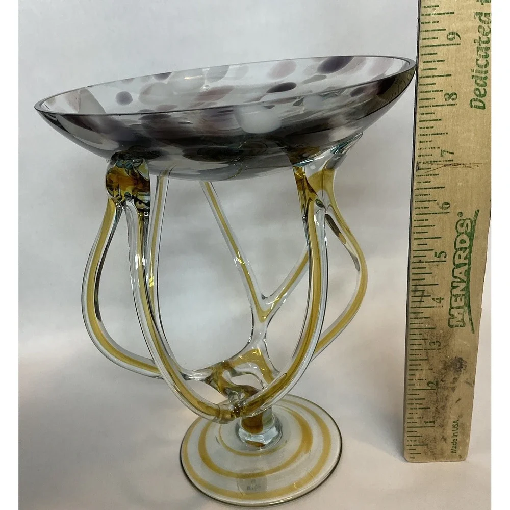 Vintage Jozefina Krosno Poland Cobalt Art Glass Jellyfish Pedestal Bowl 9